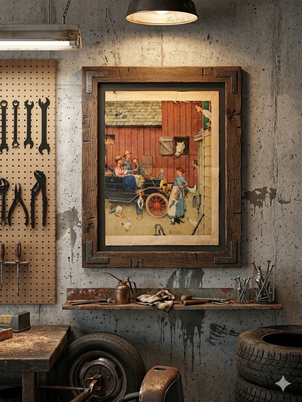 Vintage print is a reproduction of Norman Rockwell's "The Farmer Takes a Ride"